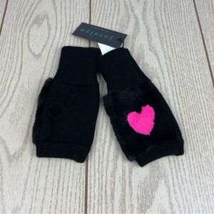 Jocelyn Intarsia Hearts Faux Fur Fingerless Knit Mittens OS Black Pink $75